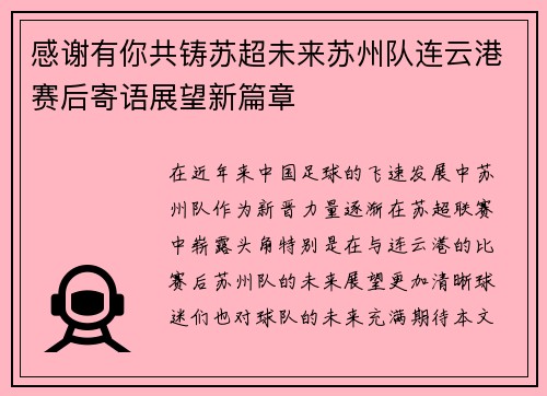 感谢有你共铸苏超未来苏州队连云港赛后寄语展望新篇章